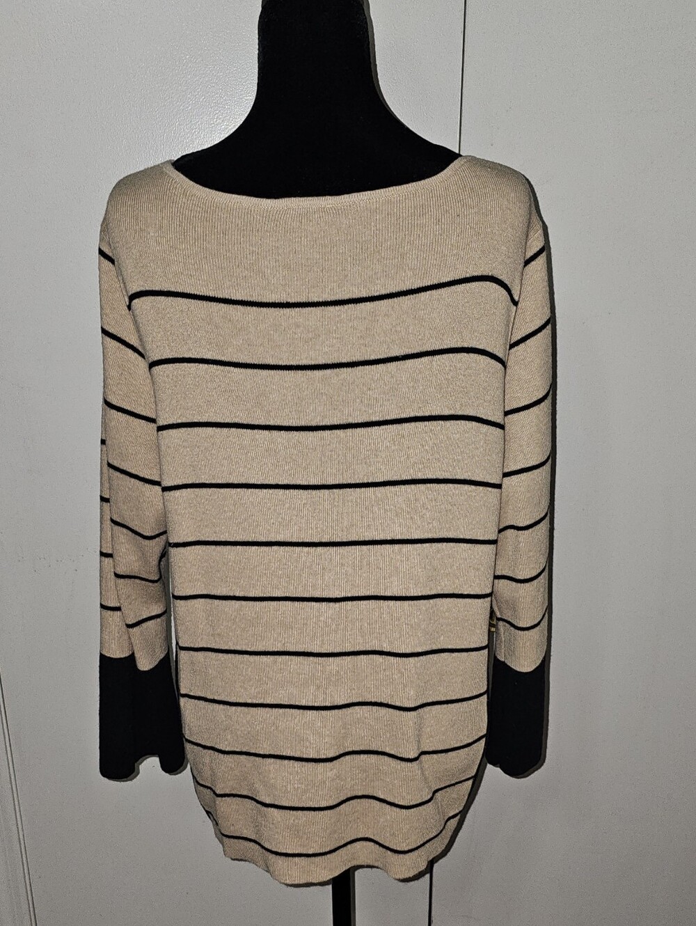 Chico's Beige and Black Striped Scoop-Neck Sweater W/Bell Sleeves Sz 2 (Lg)